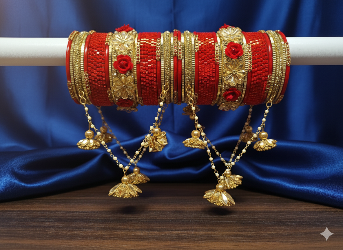 Jaipuri Floral Red Latkan Bangle Set