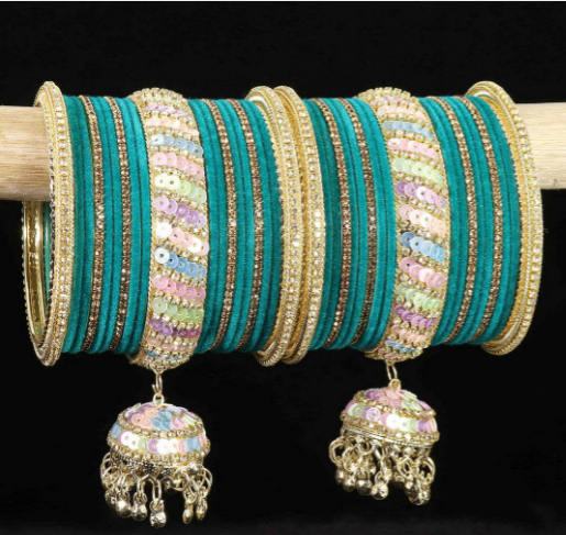 NMII ( Set Of 38 Zircon Stone Jhumka Latkan Bangles)